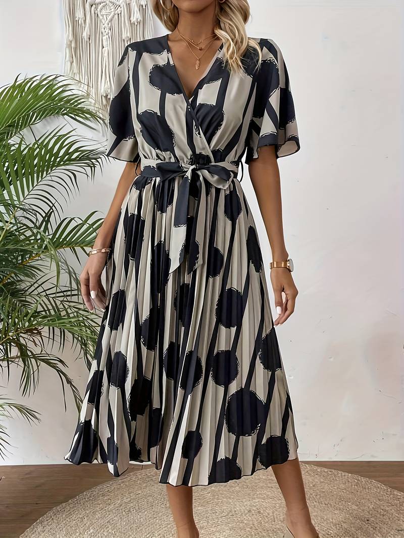 Zoe – elegant, kortermet midikjole med all-over print